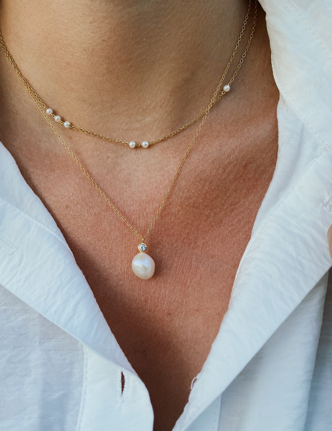 Pearl & diamond halskæde med Zirkonia sten